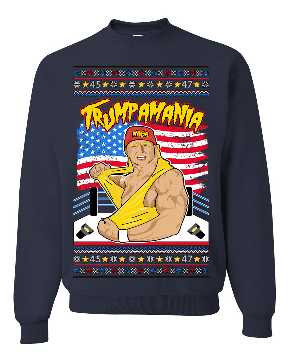 Trumpamania Funny Hogan 80s USA Wrestling Sports Parody, Donald Trump Vance 2024 Wrestler MAGA Make America Great Again, Ugly Christmas Sweater Ugly Christmas Unisex Crewneck Sweatshirt