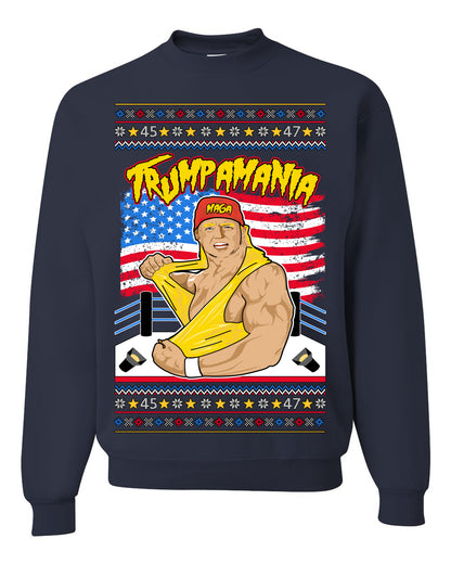 Trumpamania Funny Hogan 80s USA Wrestling Sports Parody, Donald Trump Vance 2024 Wrestler MAGA Make America Great Again, Ugly Christmas Sweater Ugly Christmas Unisex Crewneck Sweatshirt