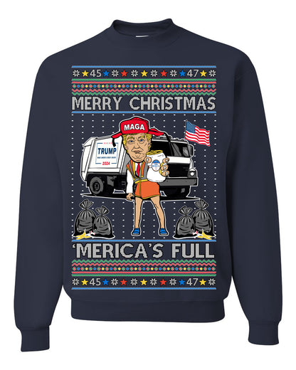Donald Trump Merry Christmas Merica's Full, Cousin Eddie Christmas Vacation Garbage for Trump Funny Viral Meme, Ugly Christmas Sweater Ugly Christmas Unisex Crewneck Sweatshirt