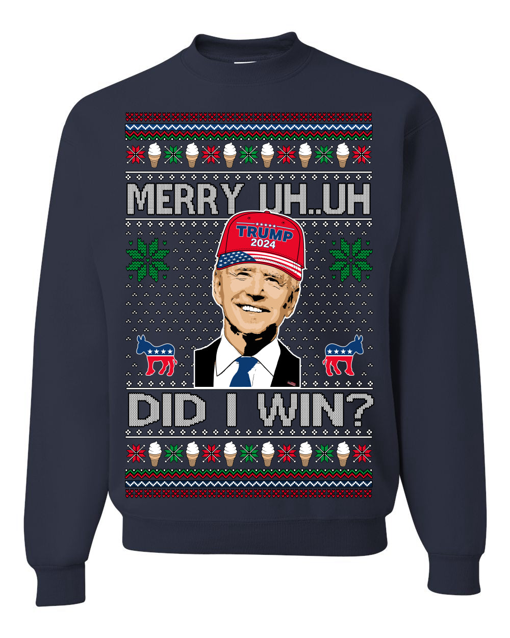 Merry Uh Did I Win? Funny Confused Joe Biden, Liberal Democrats Election 2024 Ugly Christmas Sweater Ugly Christmas Unisex Crewneck Sweatshirt