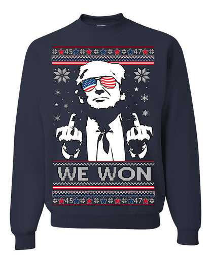 We Won Funny 45 47 President Trump Shot USA Glasses, 47th USA President of the United States, Gift for Republicans Conservatives Ugly Christmas Sweater Ugly Christmas Unisex Crewneck Sweatshirt