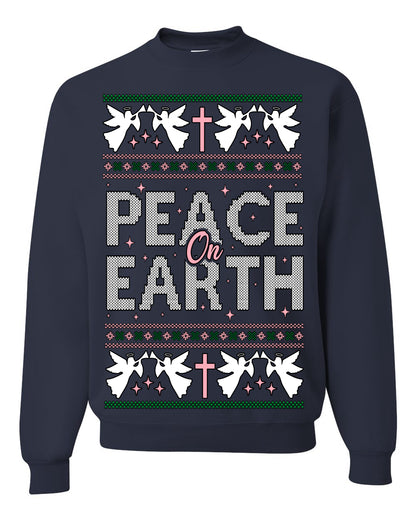 Peace On Earth Funny Xmas Cute Pink Angel Cross, Women Men Religious Christian Catholic Ugly Christmas Sweater Ugly Christmas Unisex Crewneck Sweatshirt