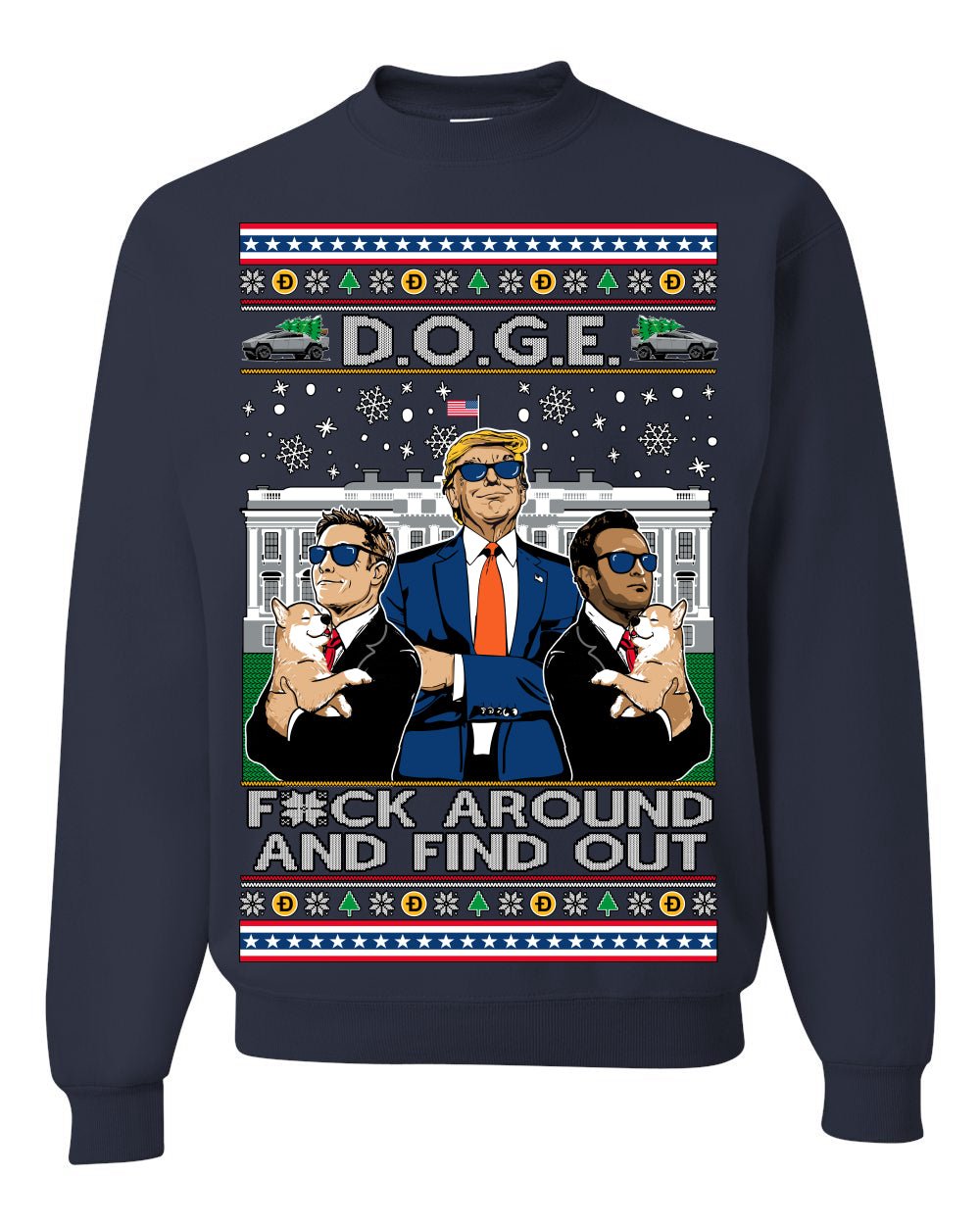 Doge F Around and Find Out Donald Trump Elon Vivek, Department of Govenmental Efficiency D.O.G.E. Republicans MAGA Ugly Christmas Sweater Ugly Christmas Unisex Crewneck Sweatshirt