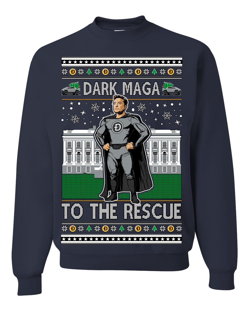 Dark MAGA to the Rescue, Elon Superhero Doge Crypto Dogecoin Make America Great Again Trump 2024 Ugly Christmas Sweater Ugly Christmas Unisex Crewneck Sweatshirt