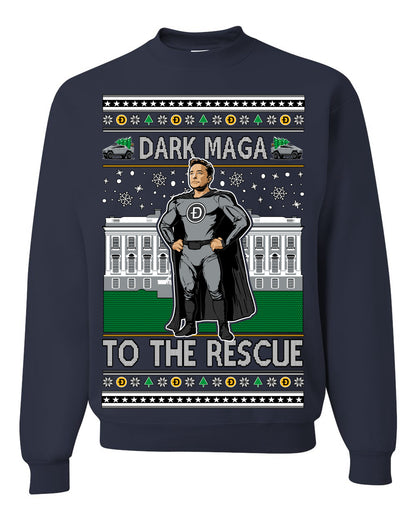 Dark MAGA to the Rescue, Elon Superhero Doge Crypto Dogecoin Make America Great Again Trump 2024 Ugly Christmas Sweater Ugly Christmas Unisex Crewneck Sweatshirt