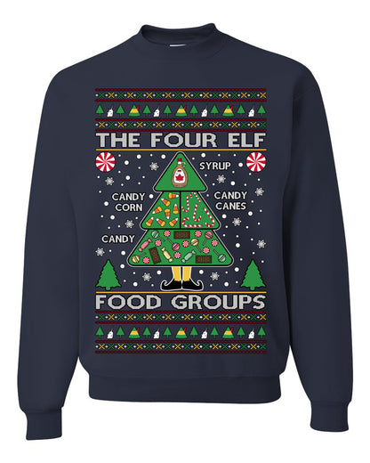 The Four Elf Food Groups, Peppermint Chocolate Candy Canes Syrup, Funny Ugly Christmas Sweater Ugly Christmas Unisex Crewneck Sweatshirt