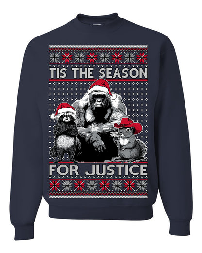 Tis the Season For Justice, RIP Harambe Peanut the Squirrel Fred Raccoon Viral Save our Pets Meme, Ugly Christmas Sweater Ugly Christmas Unisex Crewneck Sweatshirt