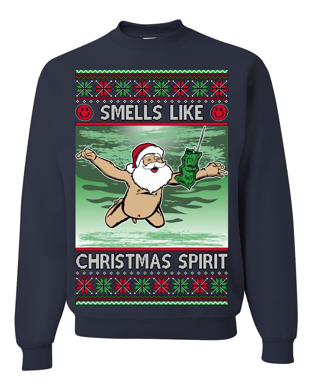 Smells Like Christmas Spirit, Funny Santa Claus Classic 90s Alternative Rock Album Cover Music Parody Ugly Christmas Sweater Ugly Christmas Unisex Crewneck Sweatshirt
