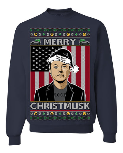 Merry Christmusk Funny Dark MAGA Santa Elon Doge Meme, Crypto Dogecoin America First USA Republican Ugly Christmas Sweater Ugly Christmas Unisex Crewneck Sweatshirt