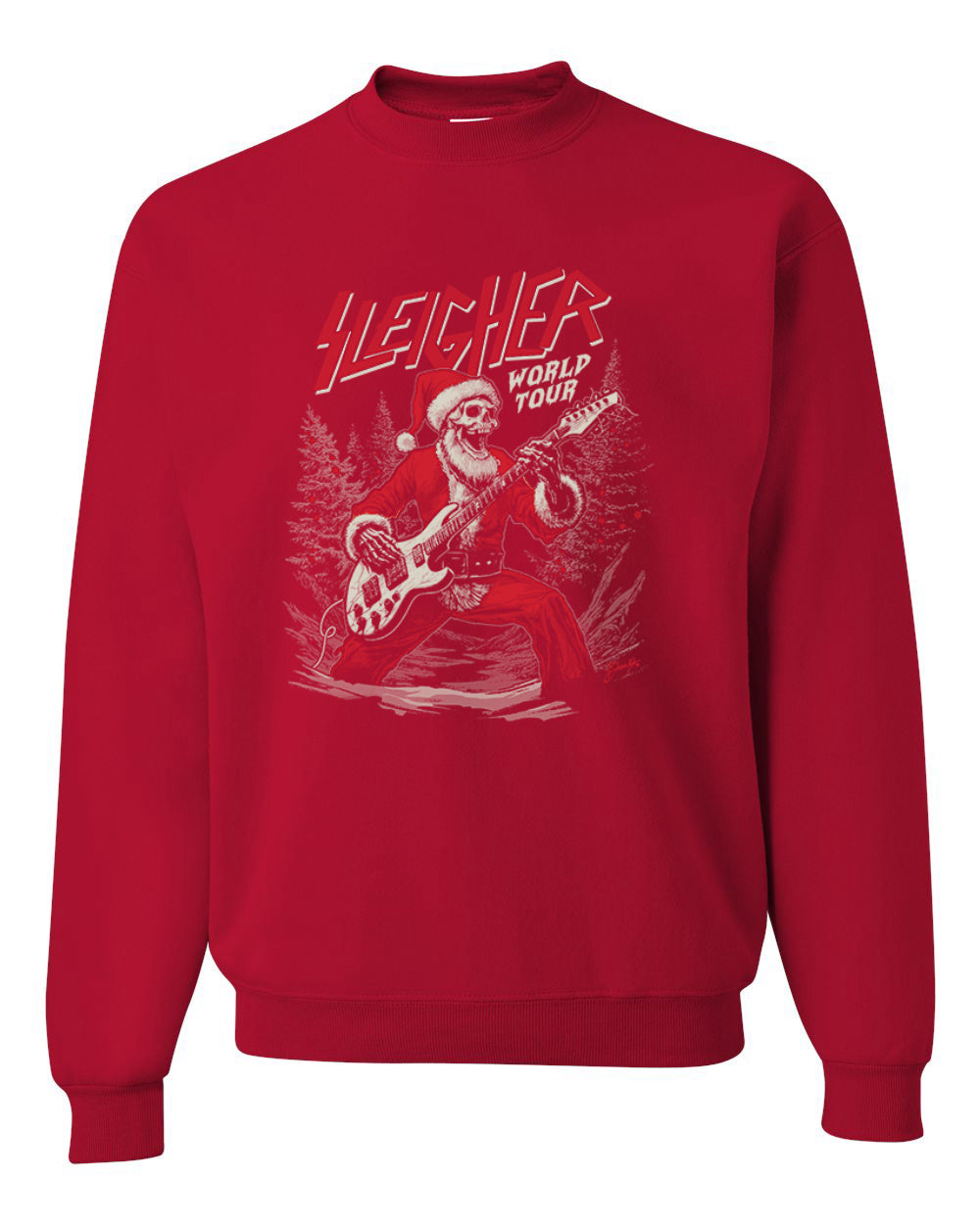Sleigher World Tour | Funny Heavy Metal Electric Rock Guitar Skull Santa Claus Xmas North Pole Ugly Christmas Unisex Crewneck Sweatshirt