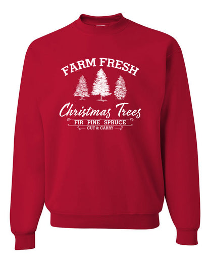 Farm Fresh Christmas Trees Classic White Design | Fir Pine Sprice, Cut and Carry, Classic Vintage Winter Holiday Tree Logo Ugly Christmas Unisex Crewneck Sweatshirt