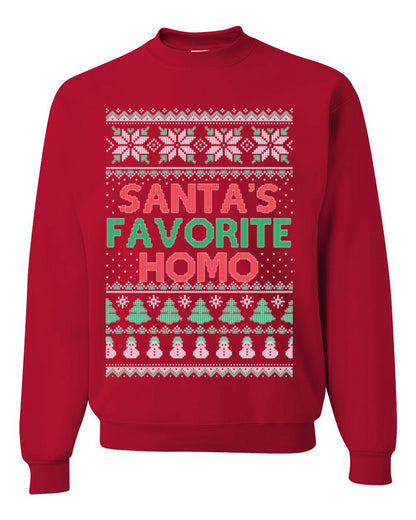 Santa's Favorite Homo, Funny LGBT Pride Grey Greysexual Gay Lesbian Homosexual Bi Bisexual, Ugly Christmas Sweater Ugly Christmas Unisex Crewneck Sweatshirt