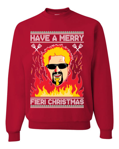 Have a Merry Fieri Christmas, Viral Grocery Games Meme, Flavor Fire Tequila TV Chef Ugly Christmas Sweater Ugly Christmas Unisex Crewneck Sweatshirt