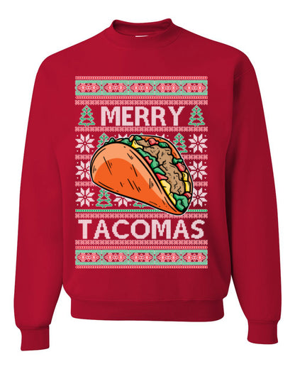 Merry Tacomas, Funny Xmas Al Pastor Barbacoa Chicken Pork Beef Carnitas Pollo Taco Guac, Spanish Mexican Food Ugly Christmas Sweater Ugly Christmas Unisex Crewneck Sweatshirt