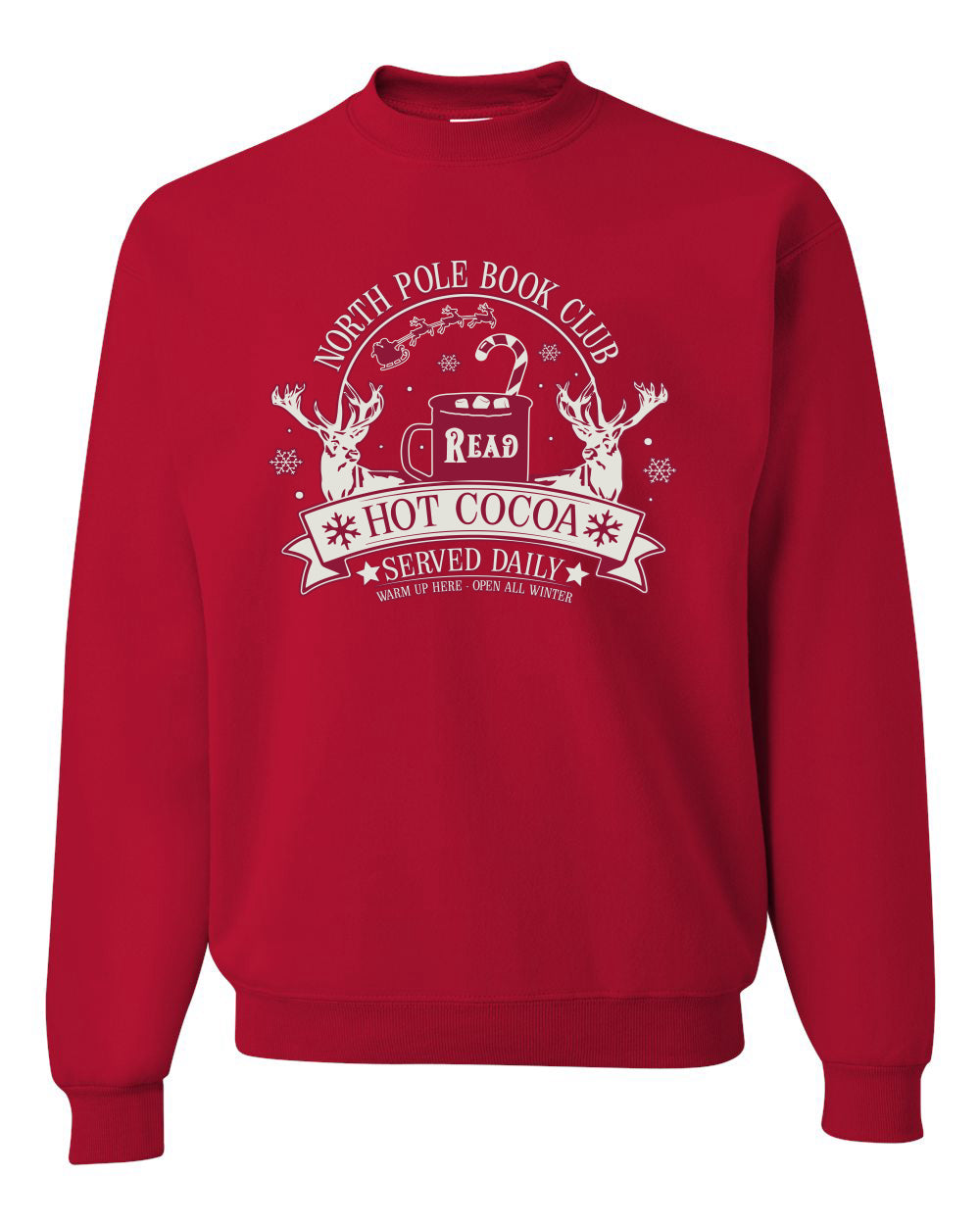 North Pole Book Club | Hot Cocoa Served Daily, Cute Funny Read Books Reading Snow Reindeer Winter Hot Chocolate Ugly Christmas Unisex Crewneck Sweatshirt