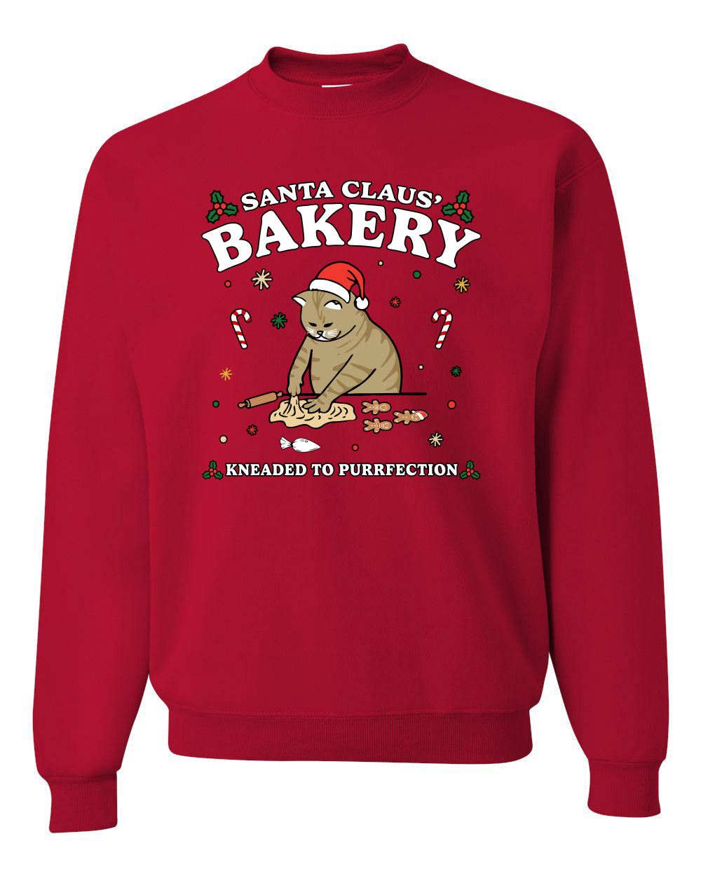 Santa Claus Bakery | Bread Kneaded to Purrfection, Funny Cute Cat Chef Baker Joke Ugly Christmas Unisex Crewneck Sweatshirt