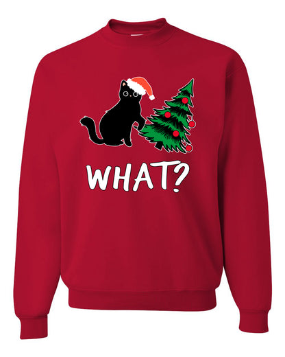 What? Funny Guilty Santa Cat Christmas Tree Mischief Pet Humor Ugly Christmas Unisex Crewneck Sweatshirt