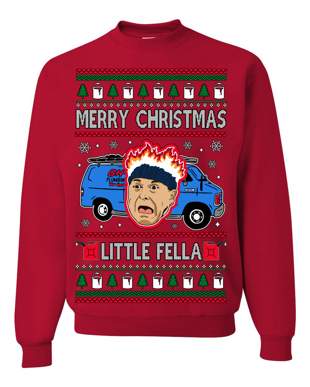 Merry Christmas Little Fella, Classic Funny 90s Harry Kevin Fire Plumbing Van Bandits, Movie Quote Ugly Christmas Sweater Ugly Christmas Unisex Crewneck Sweatshirt