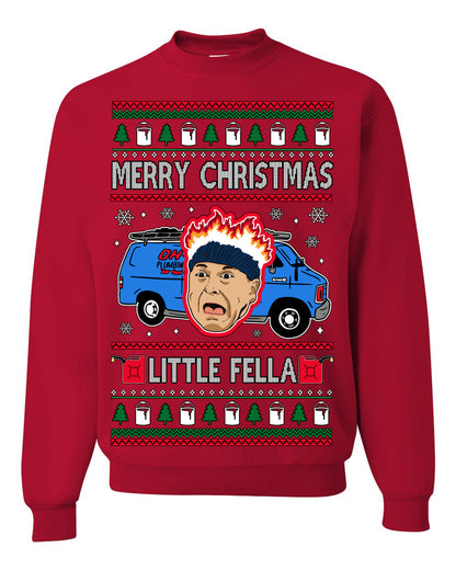 Merry Christmas Little Fella, Classic Funny 90s Harry Kevin Fire Plumbing Van Bandits, Movie Quote Ugly Christmas Sweater Ugly Christmas Unisex Crewneck Sweatshirt