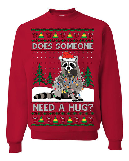 Does Someone Need a Hug? Funny Cute Santa Trash Panda Raccoon, Viral Meme Xmas Lights  Ugly Christmas Unisex Crewneck Sweatshirt