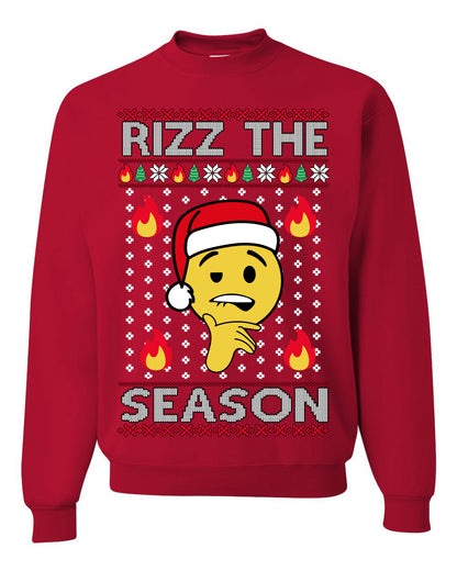 Rizz the Season, Viral Internet Fire Emoji Face Meme Romance Slang, Ugly Christmas Sweater Ugly Christmas Unisex Crewneck Sweatshirt