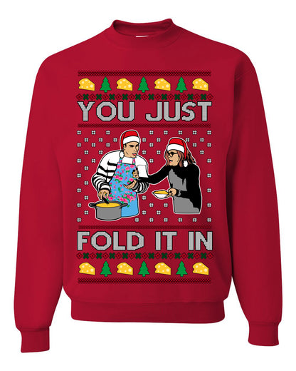 You Just Fold It In, Funny Cooking Enchilada Moira David Schitt's TV Show Sitcom Santa Hat, Ugly Christmas Sweater Ugly Christmas Unisex Crewneck Sweatshirt