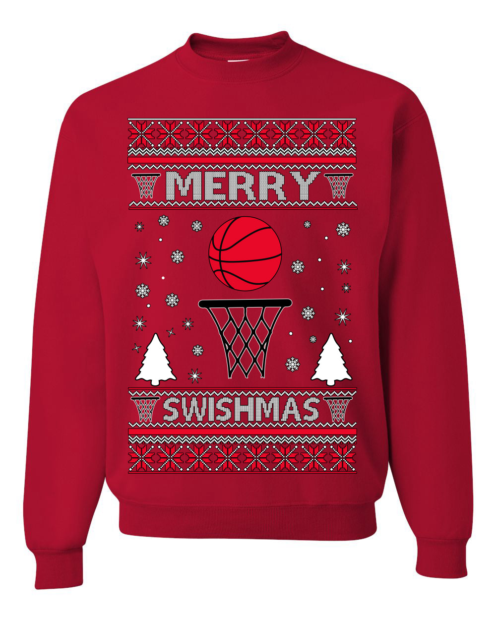 Merry Swishmas Basketball Sports Fan, Teen Sport Player Boys Girls Adult | Ugly Christmas Sweater Crewneck Sweatshirt Ugly Christmas Unisex Crewneck Sweatshirt