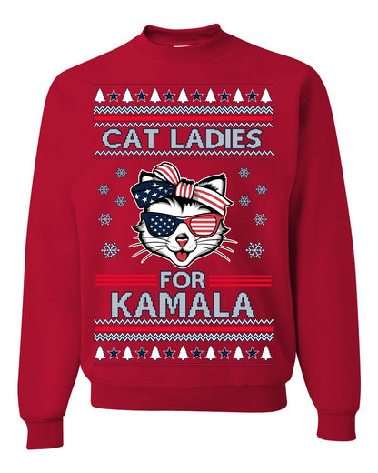 Cat Ladies for Kamala USA Glasses, Harris Tim Walz 2024 Cute USA Glasses Bow, Ugly Christmas Sweater Crewneck Sweatshirt Ugly Christmas Unisex Crewneck Sweatshirt