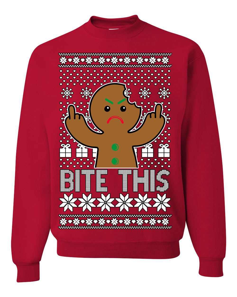 Bite This, Funny Gingerbread Cookie Offensive Inappropriate Middle Finger, F U Ginger Bread Dirty Novelty Xmas Ugly Christmas Sweater Ugly Christmas Unisex Crewneck Sweatshirt