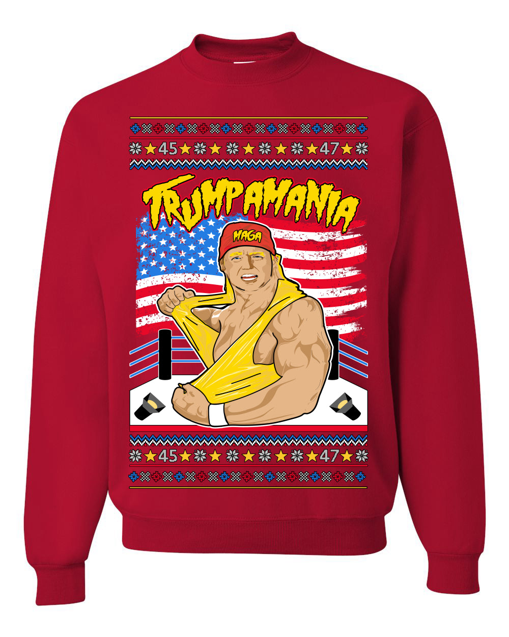 Trumpamania Funny Hogan 80s USA Wrestling Sports Parody, Donald Trump Vance 2024 Wrestler MAGA Make America Great Again, Ugly Christmas Sweater Ugly Christmas Unisex Crewneck Sweatshirt