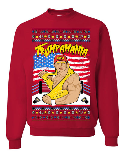 Trumpamania Funny Hogan 80s USA Wrestling Sports Parody, Donald Trump Vance 2024 Wrestler MAGA Make America Great Again, Ugly Christmas Sweater Ugly Christmas Unisex Crewneck Sweatshirt