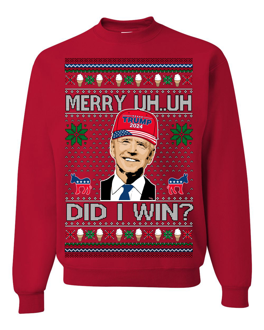 Merry Uh Did I Win? Funny Confused Joe Biden, Liberal Democrats Election 2024 Ugly Christmas Sweater Ugly Christmas Unisex Crewneck Sweatshirt