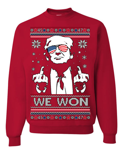 We Won Funny 45 47 President Trump Shot USA Glasses, 47th USA President of the United States, Gift for Republicans Conservatives Ugly Christmas Sweater Ugly Christmas Unisex Crewneck Sweatshirt