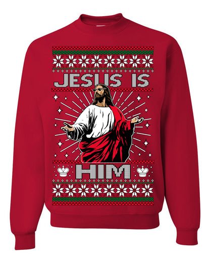 Jesus Is Him Funny Gen Z Viral Meme Shades, Religious Christ Christian Christianity Brain Rot Joke Slang Ugly Christmas Sweater Ugly Christmas Unisex Crewneck Sweatshirt