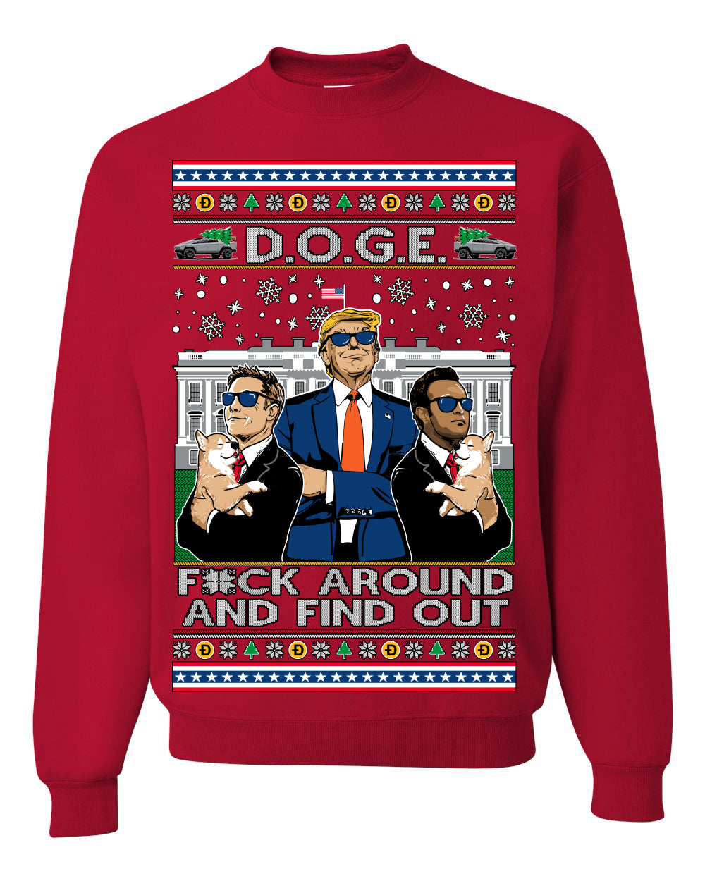Doge F Around and Find Out Donald Trump Elon Vivek, Department of Govenmental Efficiency D.O.G.E. Republicans MAGA Ugly Christmas Sweater Ugly Christmas Unisex Crewneck Sweatshirt