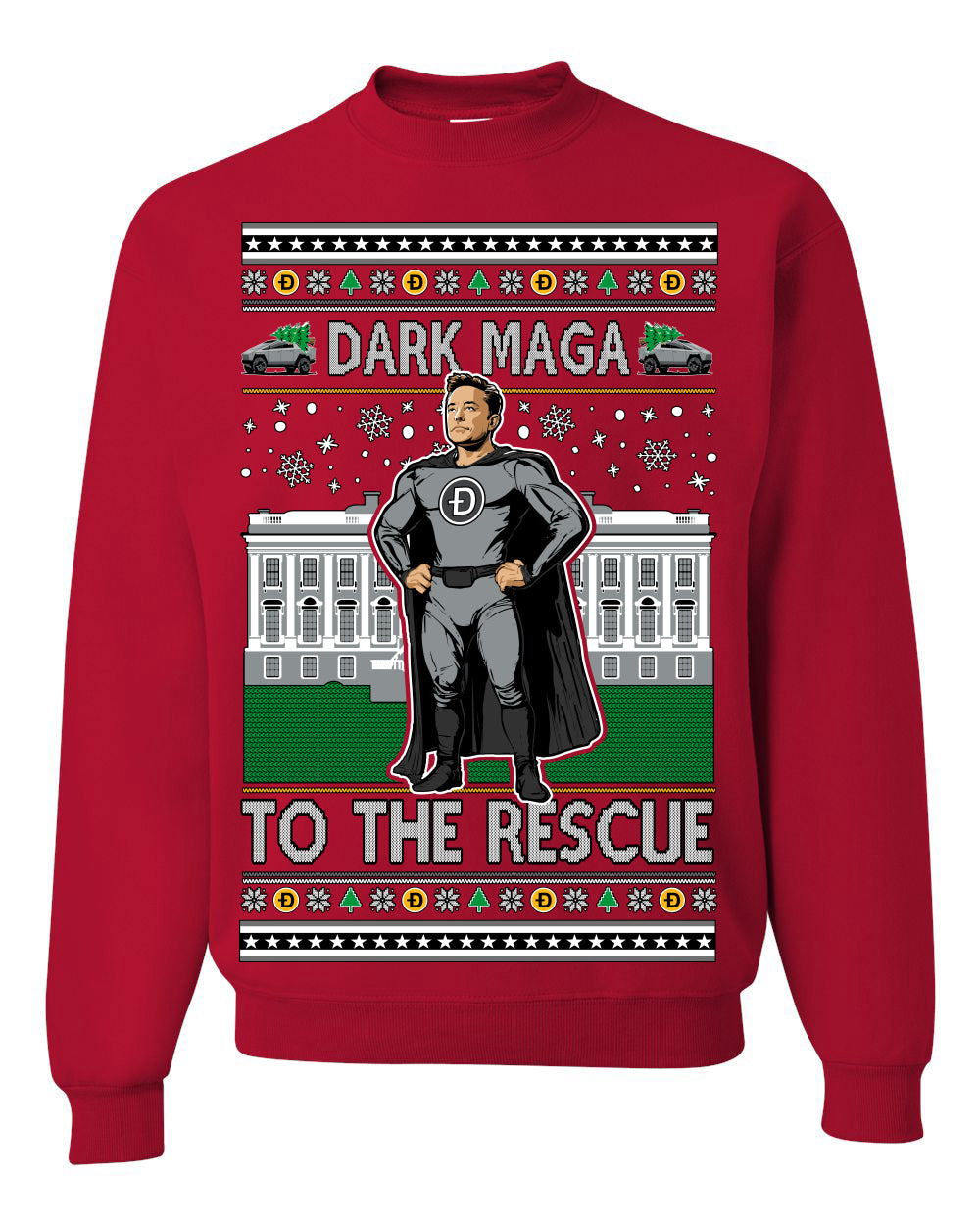 Dark MAGA to the Rescue, Elon Superhero Doge Crypto Dogecoin Make America Great Again Trump 2024 Ugly Christmas Sweater Ugly Christmas Unisex Crewneck Sweatshirt