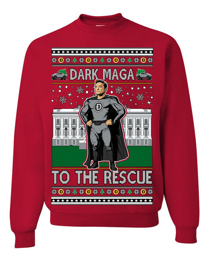 Dark MAGA to the Rescue, Elon Superhero Doge Crypto Dogecoin Make America Great Again Trump 2024 Ugly Christmas Sweater Ugly Christmas Unisex Crewneck Sweatshirt