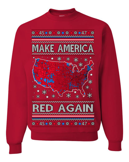 Make America Red Again USA Map, President Donald Trump 2024 MAGA Red Wave, Ugly Christmas Sweater Ugly Christmas Unisex Crewneck Sweatshirt