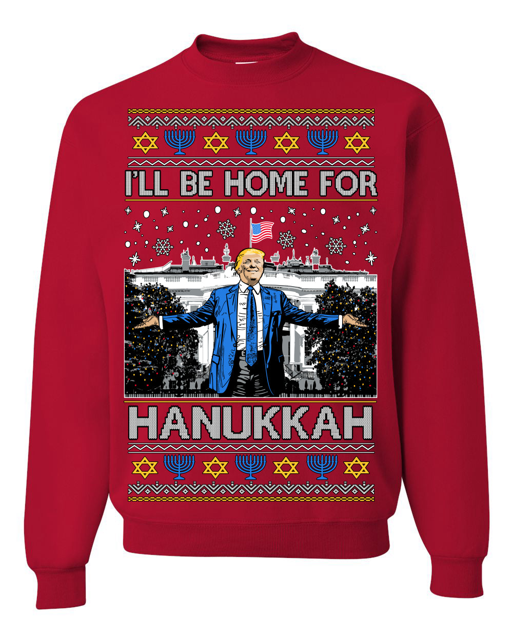 I'll Be Home for Hanukkah, Funny President Donald Trump JD Vance Winter Holiday Chanukah Hannukkah Channukah Ugly Christmas Sweater Ugly Christmas Men's T-Shirt