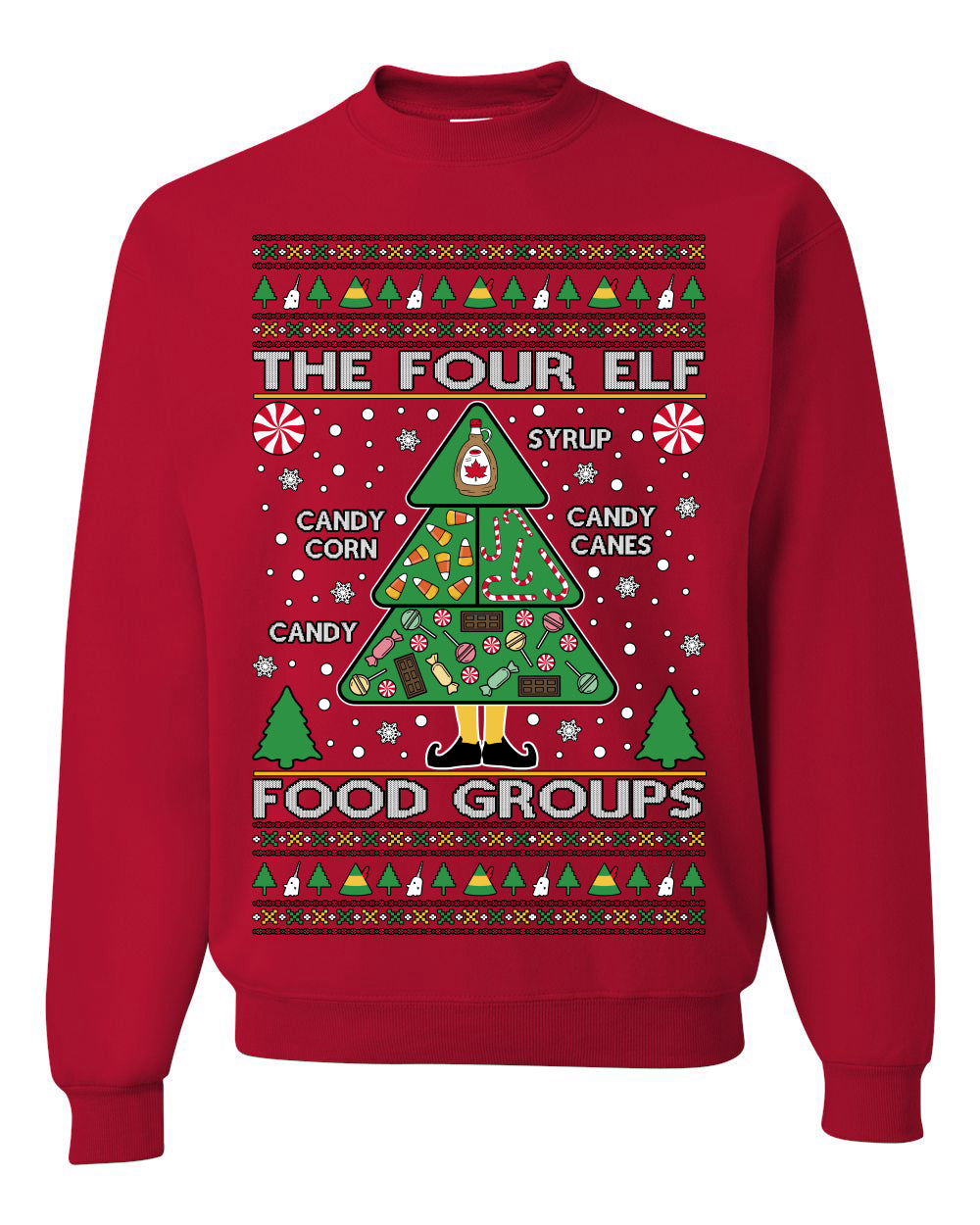 The Four Elf Food Groups, Peppermint Chocolate Candy Canes Syrup, Funny Ugly Christmas Sweater Ugly Christmas Unisex Crewneck Sweatshirt