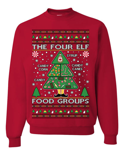 The Four Elf Food Groups, Peppermint Chocolate Candy Canes Syrup, Funny Ugly Christmas Sweater Ugly Christmas Unisex Crewneck Sweatshirt