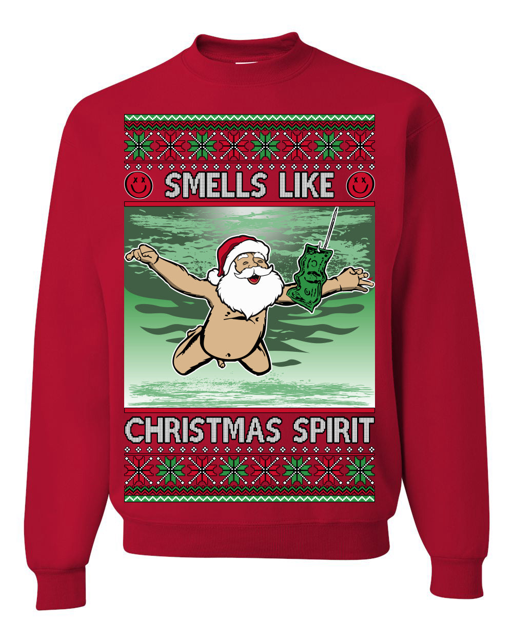 Smells Like Christmas Spirit, Funny Santa Claus Classic 90s Alternative Rock Album Cover Music Parody Ugly Christmas Sweater Ugly Christmas Unisex Crewneck Sweatshirt