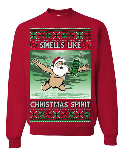 Smells Like Christmas Spirit, Funny Santa Claus Classic 90s Alternative Rock Album Cover Music Parody Ugly Christmas Sweater Ugly Christmas Unisex Crewneck Sweatshirt