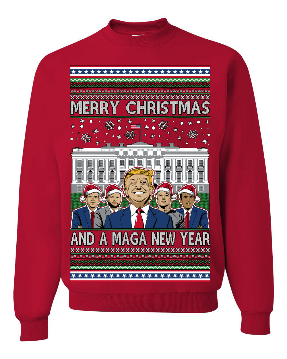 Merry Christmas and a MAGA New Year 2025, Trump Vance Administration 45 47 Make America Great Again USA Ugly Christmas Sweater Ugly Christmas Unisex Crewneck Sweatshirt
