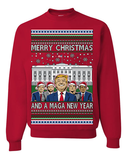 Merry Christmas and a MAGA New Year 2025, Trump Vance Administration 45 47 Make America Great Again USA Ugly Christmas Sweater Ugly Christmas Unisex Crewneck Sweatshirt