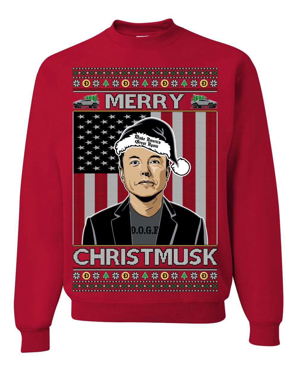 Merry Christmusk Funny Dark MAGA Santa Elon Doge Meme, Crypto Dogecoin America First USA Republican Ugly Christmas Sweater Ugly Christmas Unisex Crewneck Sweatshirt