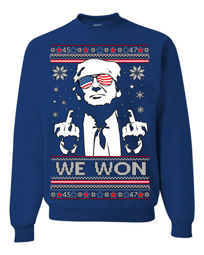 We Won Funny 45 47 President Trump Shot USA Glasses, 47th USA President of the United States, Gift for Republicans Conservatives Ugly Christmas Sweater Ugly Christmas Unisex Crewneck Sweatshirt