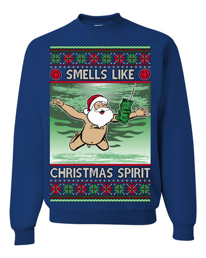 Smells Like Christmas Spirit, Funny Santa Claus Classic 90s Alternative Rock Album Cover Music Parody Ugly Christmas Sweater Ugly Christmas Unisex Crewneck Sweatshirt
