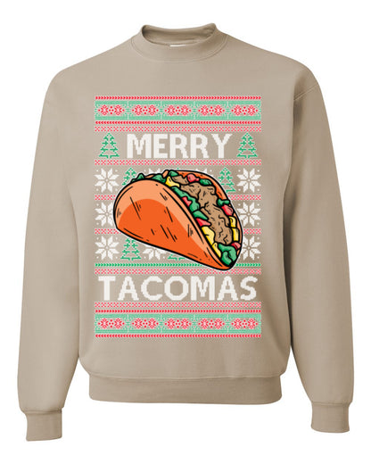 Merry Tacomas, Funny Xmas Al Pastor Barbacoa Chicken Pork Beef Carnitas Pollo Taco Guac, Spanish Mexican Food Ugly Christmas Sweater Ugly Christmas Unisex Crewneck Sweatshirt