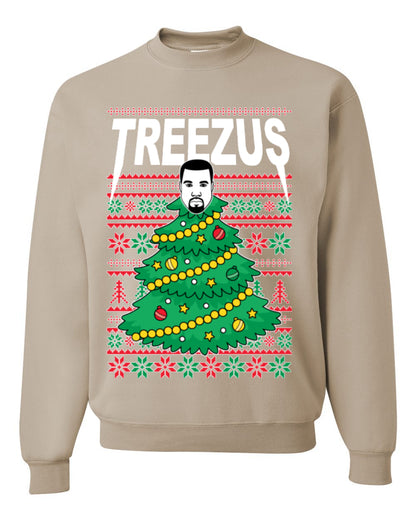 Treezus Funny Xmas Viral Meme Hip Hop Rapper Music Tour Merch, Tree Jesus Pun Joke Ugly Christmas Sweater Ugly Christmas Unisex Crewneck Sweatshirt